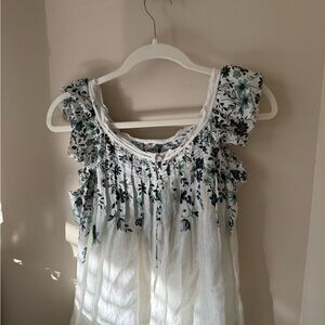 Anthropologie Green and White Floral Top